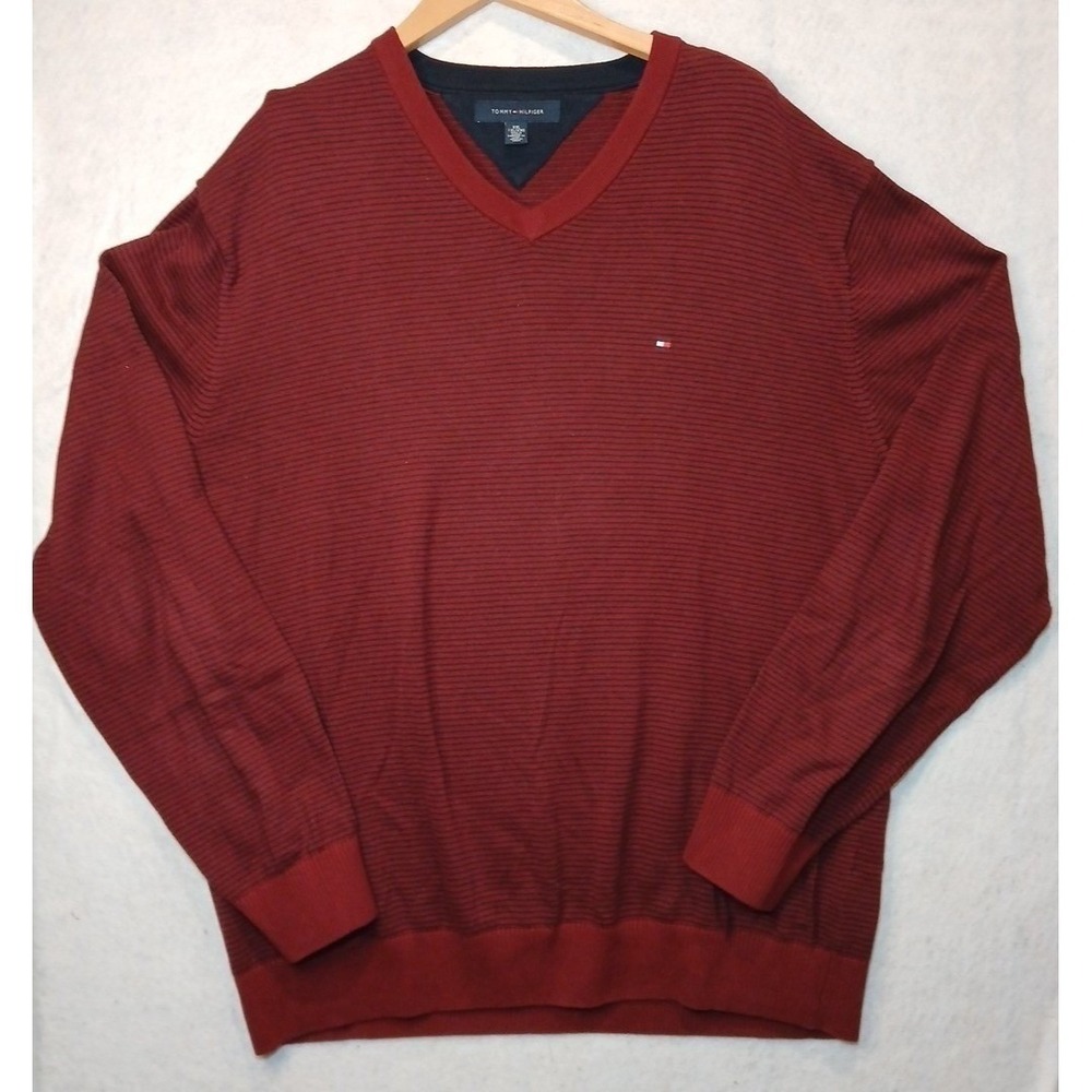 Tommy Hilfiger Mens XXL‎ V Neck Sweater Burgundy Striped Knit Preppy Logo
